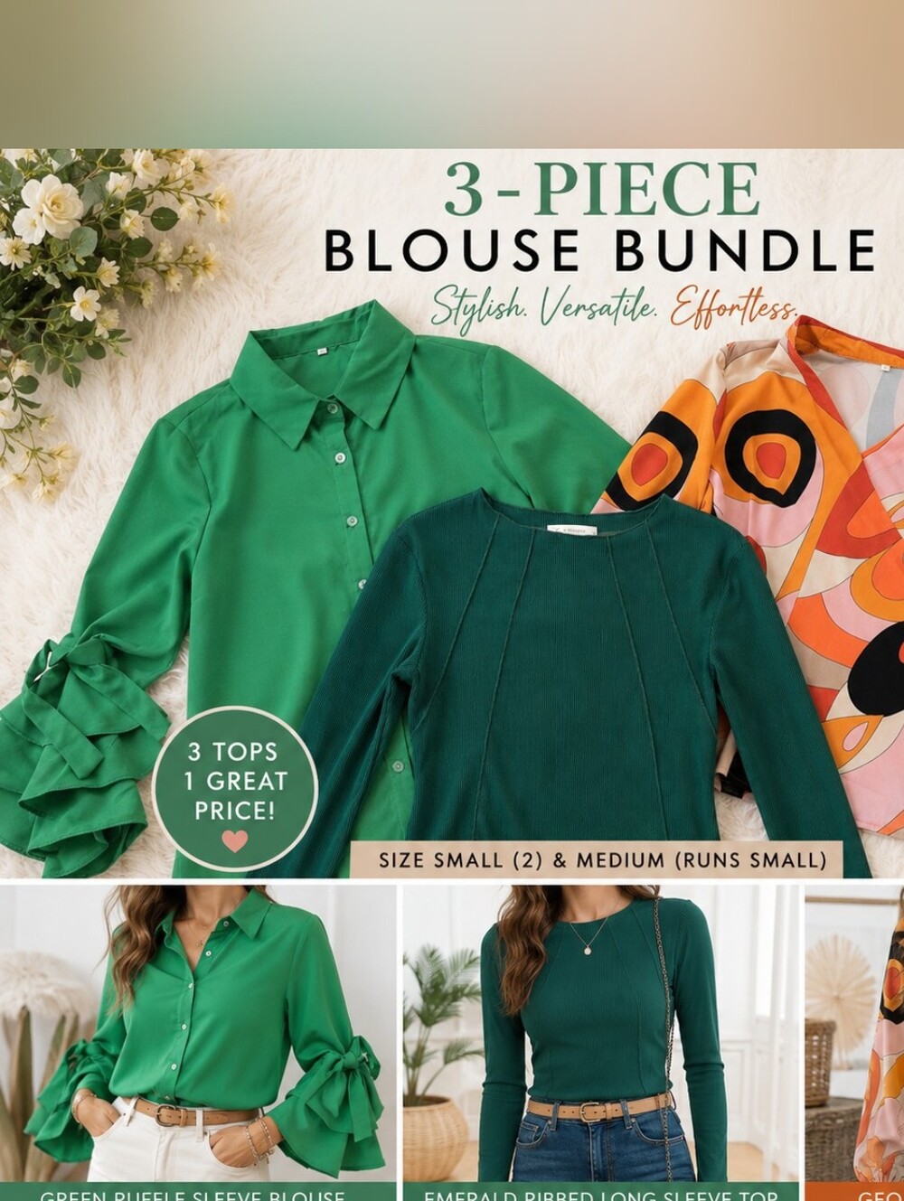🦚- 3 Piece Blouse Bundle | Size S & M | Green + Geometric Tops | Like New